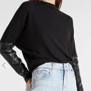 Mock Neck Faux Leather Sleeve Top